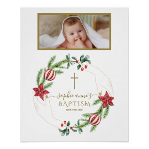 Póster Signo de bienvenida de Poinsettia Pine Berry Photo