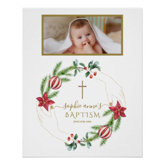 Póster Signo de bienvenida de Poinsettia Pine Berry Photo