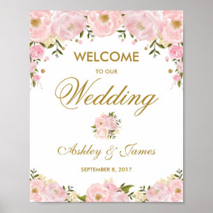 Póster Signo de bienvenida de Poster de Boda floral rosa 