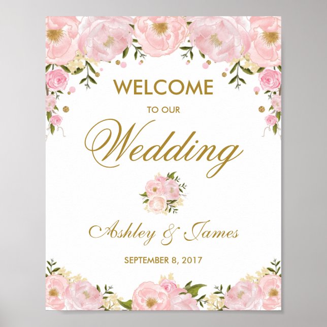 Póster Signo de bienvenida de Poster de Boda floral rosa  (Frente)