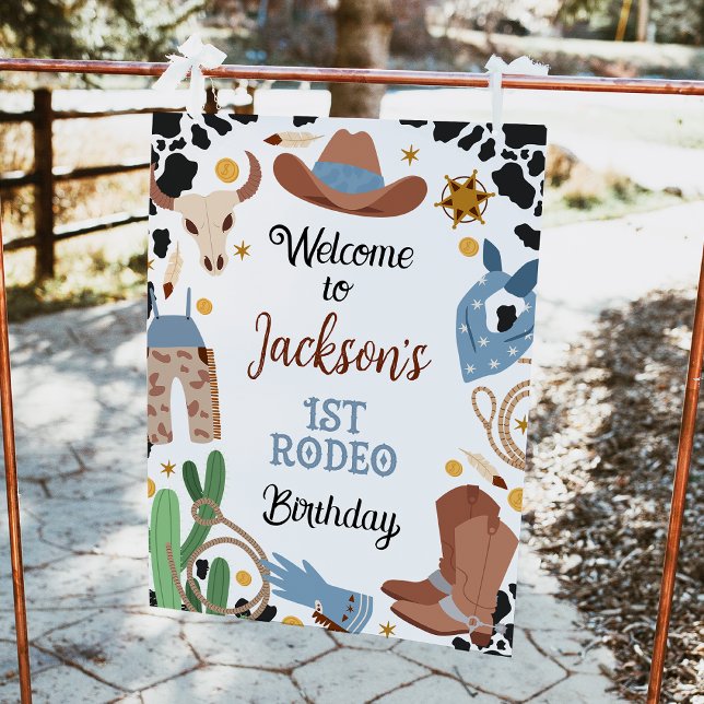 Póster Signo de bienvenida de primer cumpleaños de Blue B (Editable Boys 1st Rodeo Birthday Welcome Sign, Cowboy Birthday Party Welcome Poster, Wild West )