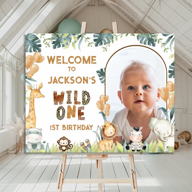 Póster Signo de bienvenida de primer cumpleaños de Rustic (Boys Safari Wild One Birthday Welcome Sign, Safari 1st Birthday Welcome Poster, Jungle Animals Party)