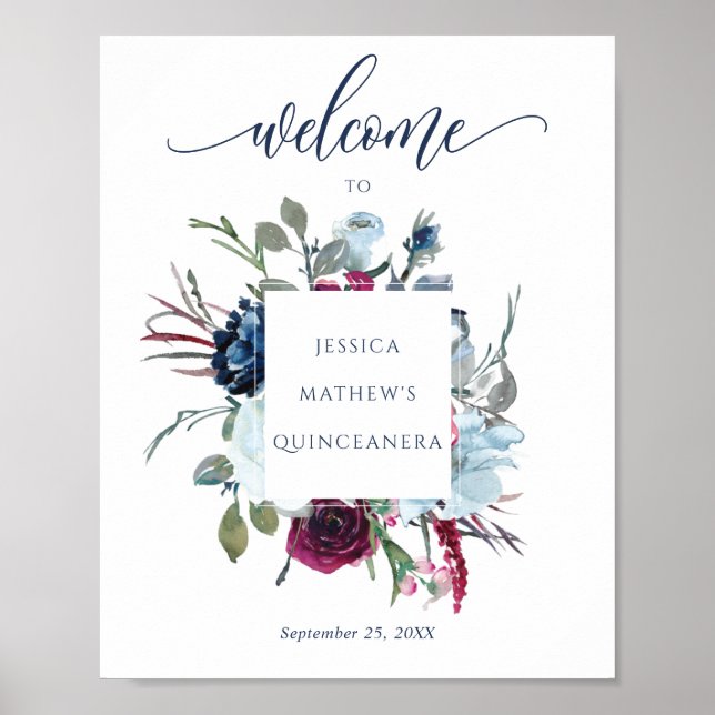 Póster Signo de bienvenida de Quinceañera Borgoña, Berry  (Frente)