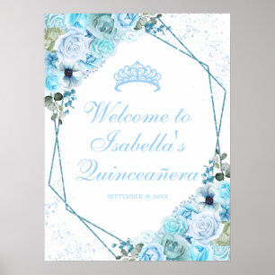 Póster Signo de bienvenida de quinceanera con floral azul