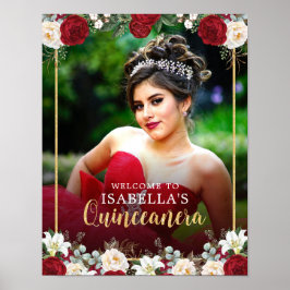 Póster Signo de bienvenida de Quinceañera con floral dora
