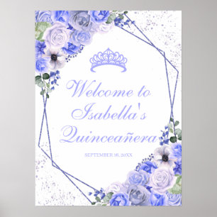 Póster Signo de bienvenida de Quinceanera floral azul Per