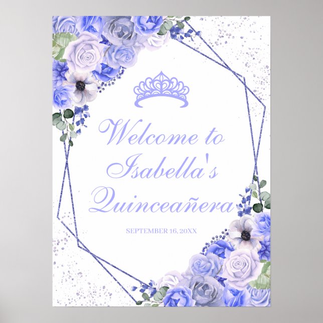 Póster Signo de bienvenida de Quinceanera floral azul Per (Frente)