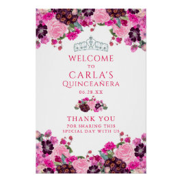Póster Signo de bienvenida de quinceanera floral magenta