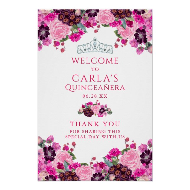 Póster Signo de bienvenida de quinceanera floral magenta (Anverso)