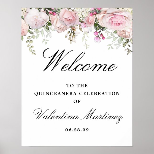 Póster Signo de bienvenida de Quinceanera floral rosa bla (Frente)