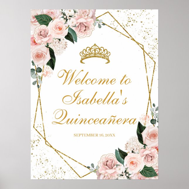 Póster Signo de bienvenida de Quinceanera floral rosa de  (Frente)
