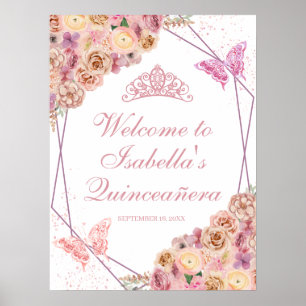 Póster Signo de bienvenida de Quinceanera floral rosa de