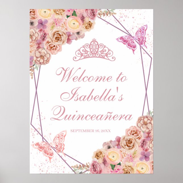 Póster Signo de bienvenida de Quinceanera floral rosa de  (Frente)