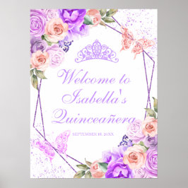 Póster Signo de bienvenida de Quinceanera floral rosa y p