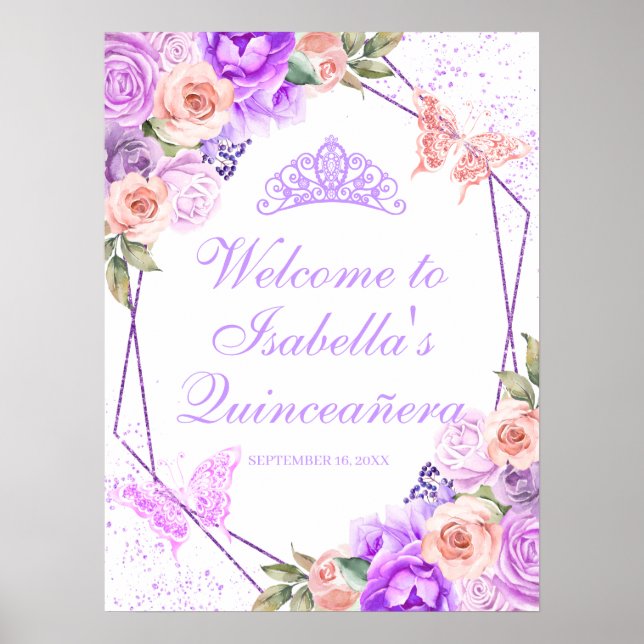 Póster Signo de bienvenida de Quinceanera floral rosa y p (Frente)