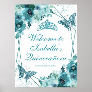 Póster Signo de bienvenida de Quinceanera floral verde az