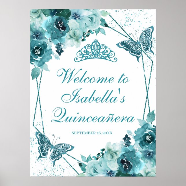 Póster Signo de bienvenida de Quinceanera floral verde az (Frente)