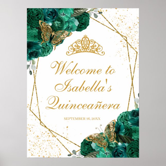Póster Signo de bienvenida de Quinceanera verde esmeralda (Frente)