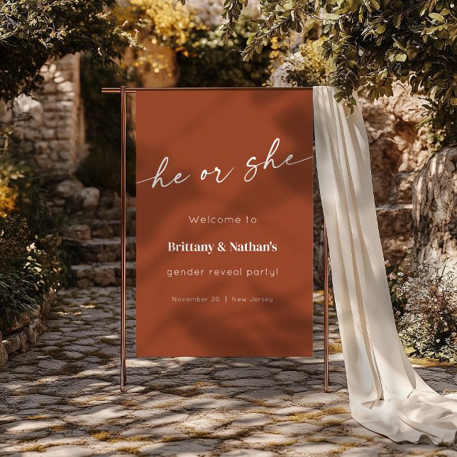 Póster Signo de bienvenida de revelación de género de ter (Burnt Terracotta Gender Reveal Welcome Sign)