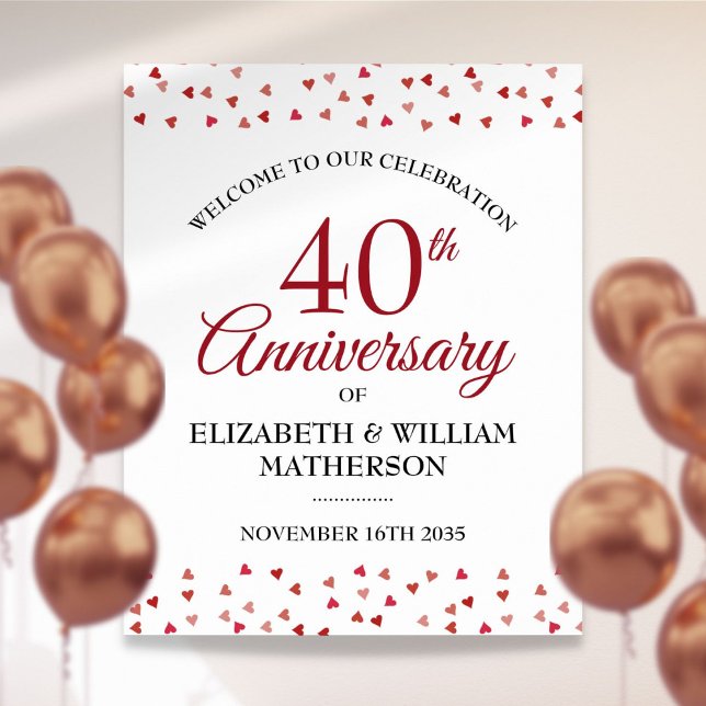 Póster Signo de bienvenida de Ruby Love Hearts de 40 años (40th Anniversary Ruby Love Hearts Welcome Sign)