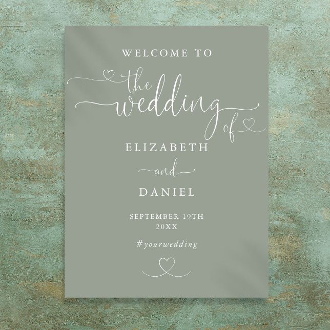 Póster Signo de bienvenida de Sage Green Heart Script Bod (Sage Green Heart Script Wedding Welcome Sign)