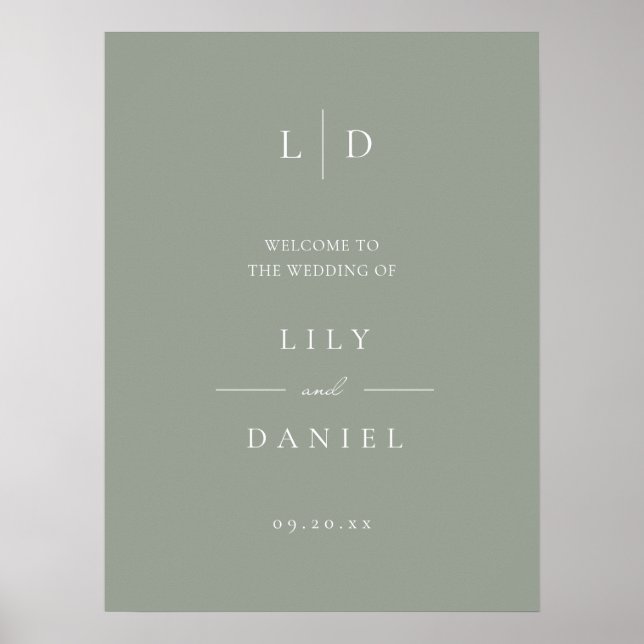 Póster Signo de bienvenida de Sage Green Simple Monograma (Frente)