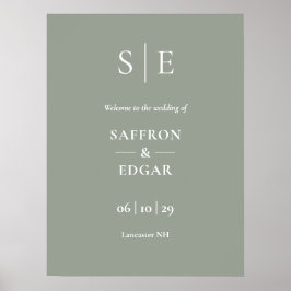 Póster Signo de bienvenida de Sage Green Y Gold Monograma