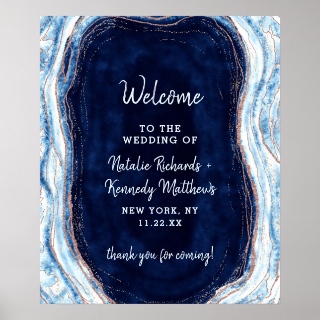 Póster Signo de bienvenida de Sapphire Blue Rosa Gold Geo (Frente)