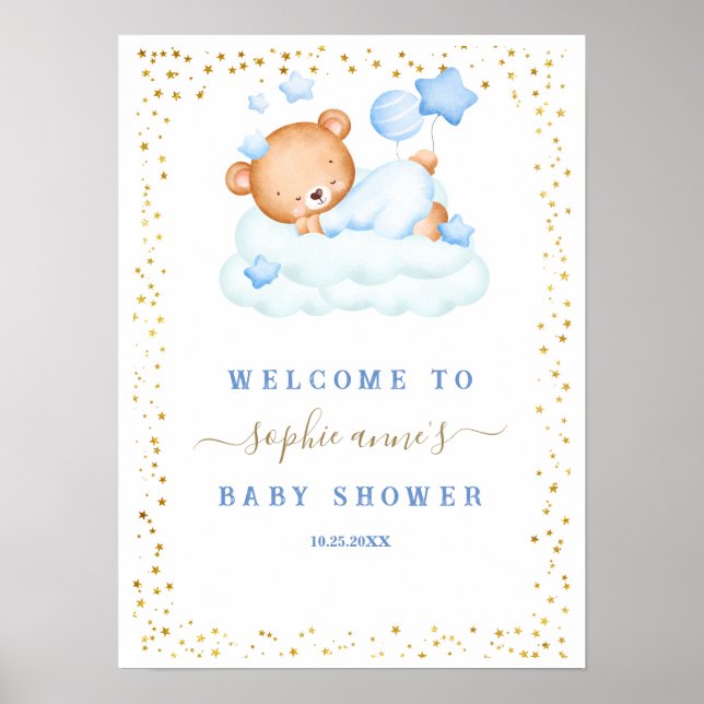 Póster Signo de bienvenida de Sleepy Bear Boy Baby Shower (Frente)