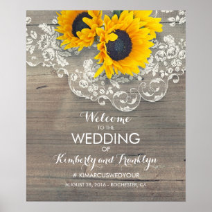 Póster Signo de bienvenida de Sunflower Lace Wood Rustic