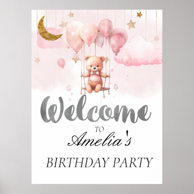 Póster Signo de bienvenida de Teddy Bear con globos (Frente)