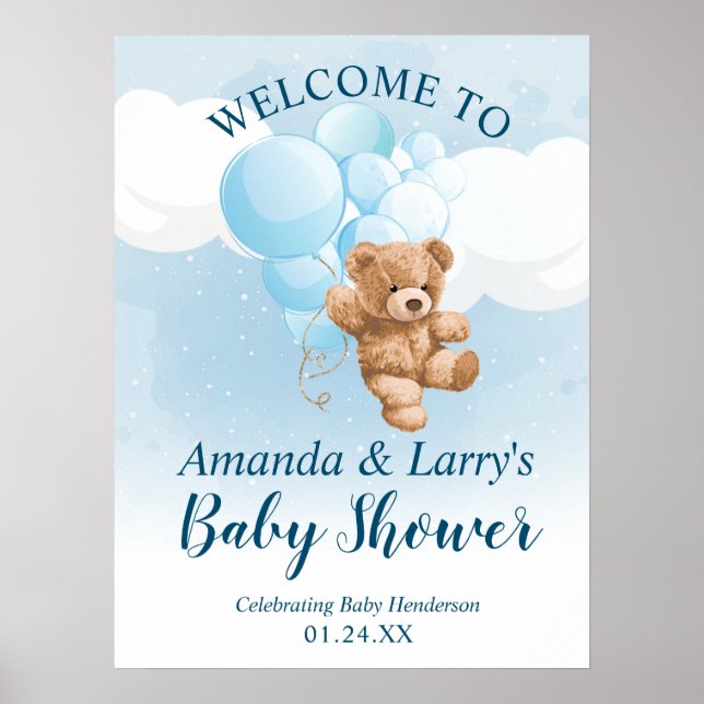 Póster Signo de bienvenida de Teddy Bear con globos azule (Frente)