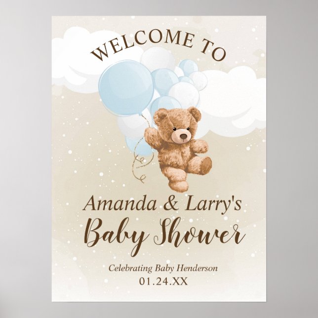Póster Signo de bienvenida de Teddy Bear con globos azule (Frente)