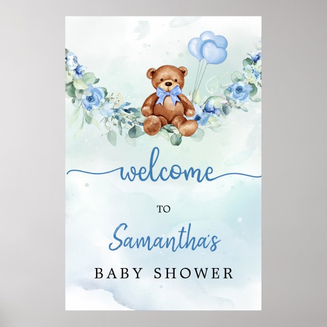 Póster Signo de bienvenida de Teddy Bear con globos verde (Frente)