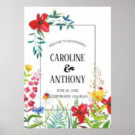 Póster Signo de bienvenida de Watercolor Wildflowers Boda