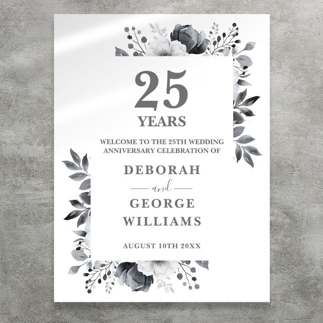 Póster Signo de bienvenida del 25° aniversario Boda de pl (Silver 25th Wedding Anniversary Welcome Sign)