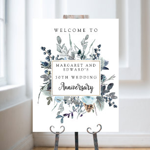 Póster Signo de bienvenida del aniversario de Blue Floral