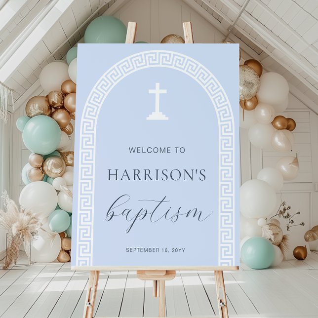 Póster Signo de bienvenida del bautismo azul del arco de  (Welcome Sign Baptism Greek Key Blue)
