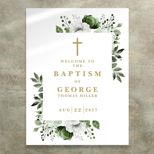 Póster Signo de bienvenida del bautismo moderno botánico  (Olive Green Botanical Modern Baptism Welcome Sign)