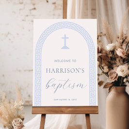 Póster Signo de bienvenida del bautizo azul blanco del ar