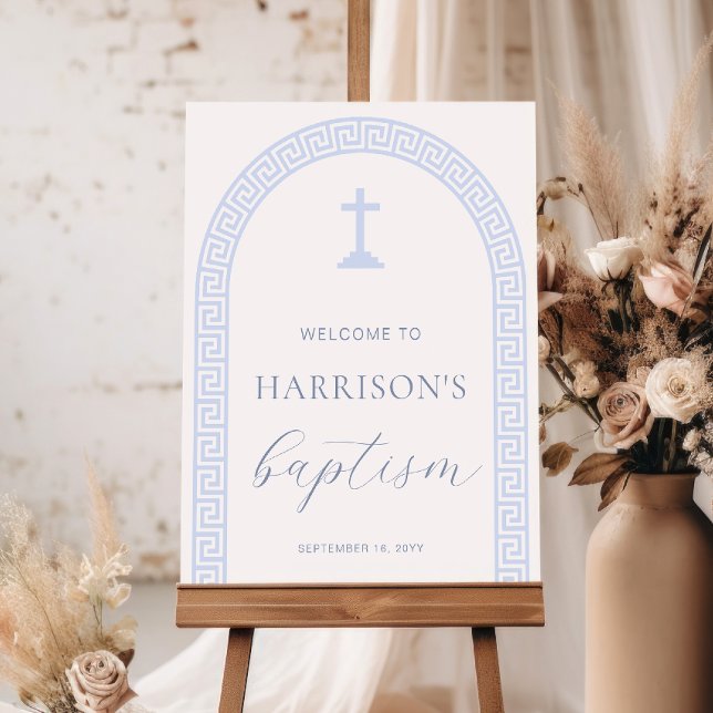 Póster Signo de bienvenida del bautizo azul blanco del ar (Welcome Sign Baptism Greek Key White Blue)