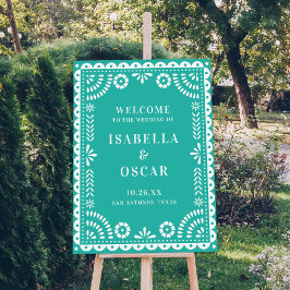 Póster Signo de bienvenida del Boda Aqua Papel Picado