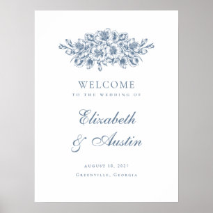Póster Signo de bienvenida del Boda azul botánico elegant