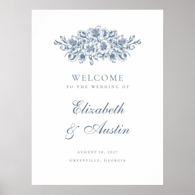 Póster Signo de bienvenida del Boda azul botánico elegant (Frente)