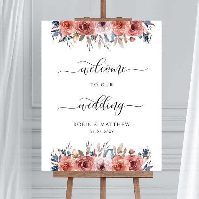 Póster Signo de bienvenida del Boda azul floral floral de (Subido por el creador)