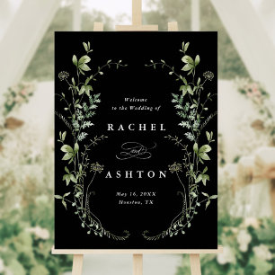 Póster Signo de bienvenida del Boda Black Elegant Wildflo