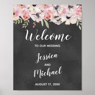 Póster Signo de bienvenida del Boda Boho Floral Chalkboar