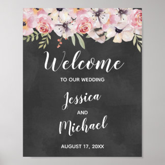 Póster Signo de bienvenida del Boda Boho Floral Chalkboar
