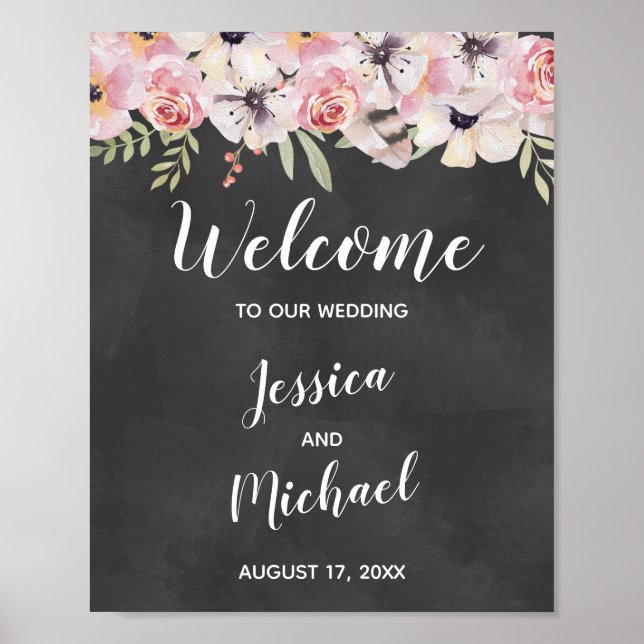 Póster Signo de bienvenida del Boda Boho Floral Chalkboar (Frente)