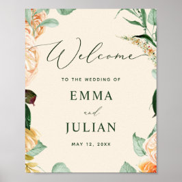 Póster Signo de bienvenida del Boda Boho Greenery Peach